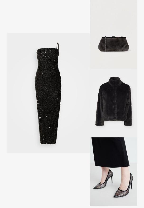 Vero Moda VMMONROE SHORT JACKET - Zimná bunda - black; Jarlo CLEMENT - Oblečenie na špeciálnu príležitosť - black; Čierne sieťované lodičky s špicatou špičkou a tenkým ihlovým podpätkom. Vzor navrhnutý s kruhovými výrezmi, ktorý poskytuje polopriesvitný vzhľad.; Čierna sieťová kabelka s pevným siluetou, zdobená malými kovovými cvočkami, má uzáver na klip a odnímateľný reťazový popruh.