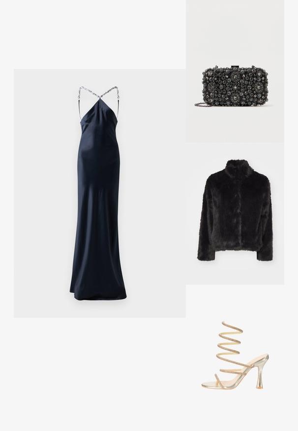 Vero Moda VMMONROE SHORT JACKET - Winterjas - black; Lang, aansluitend, marineblauw satijnen jurk met spaghettibandjes. Heeft een gekruist rugontwerp met een zilveren kettingaccent. Soepele, glanzende textuur.; Gouden sandaal met hoge hak, met een dunne, fonkelende spiraalvormige enkelband en een minimalistische teenriem op witte achtergrond.; Zwarte clutch tas versierd met variërende maten van ronde en ovale strassstenen, met een zilveren kettingband en een sluiting met vergrendeling.
