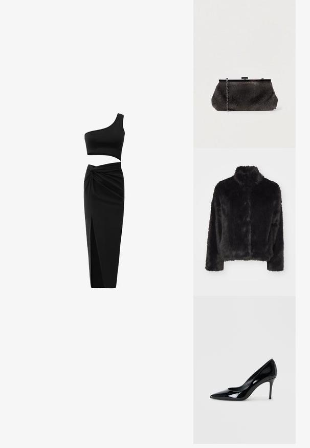 Vero Moda VMMONROE SHORT JACKET - Chaqueta de invierno - black; Conjunto negro de dos piezas que incluye un top corto de un solo hombro y una falda de cintura alta con un detalle retorcido y una abertura lateral. Tejido suave.; Zapato de charol negro con punta afilada y un tacón de aguja delgado. Textura suave con un acabado brillante y un diseño minimalista.; Bolso de mano negro de malla con una silueta estructurada, adornado con pequeños tachuelas metálicas, que cuenta con un cierre de broche y una correa de cadena desmontable.