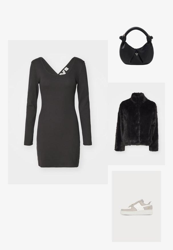 Vero Moda VMMONROE SHORT JACKET - Vinterjakker - black; Langærmet, sort ribbet kjole med dyb V-udskæring og tætsiddende silhuet. Stoffet virker strækbart med en glat overflade.; Low-top Nike Air Force 1 sneaker i hvid og lys beige med hvid swoosh og lille guldlogo nær hælen, vist fra ydersiden.; Lille sort læderhåndtaske med knyttet håndtag og trekantet Guess USA-logo plaque på fronten i midten.