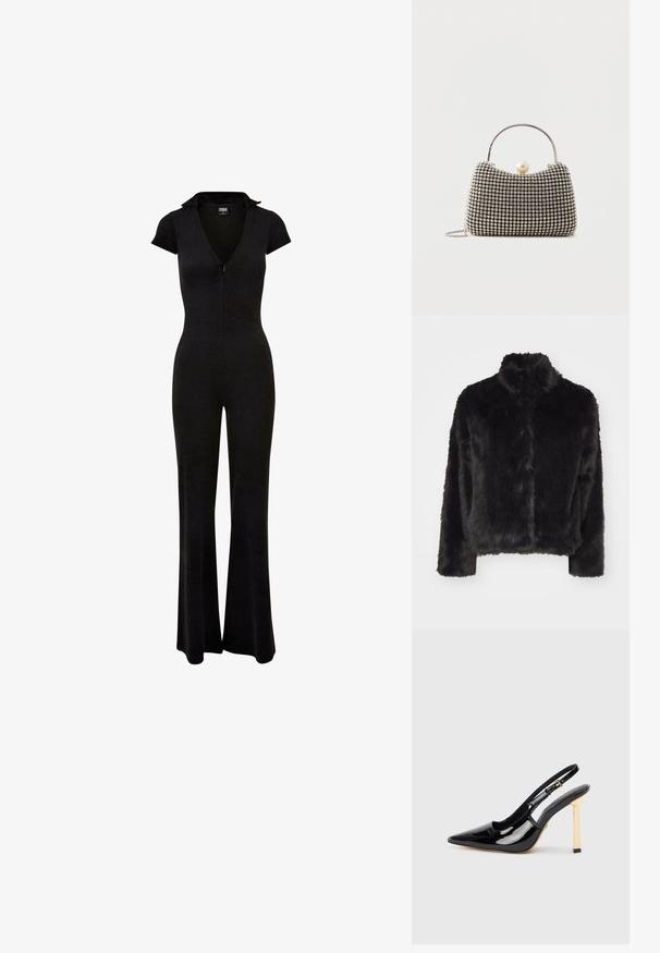 Vero Moda VMMONROE SHORT JACKET - Talvejope - black; Mustmust mustrüm, milleluku, lühikeste varrukatega ja kraega. Laienevad sääred ning talje on vormitud, valmistatud siledast ja venivast kangast.; Mustmust mustjalanik strappy kõrge kontsaga king, millel on terav nina ja kuldse tooni ruudukujuline kand. Omab reguleeritavat pahkluu rihma.; Väike käekott hõbedase võrgumustriga, kõver käepide, suur pärlikinnitus ja õhuke hõbedane kettsahtel lihtsal taustal.