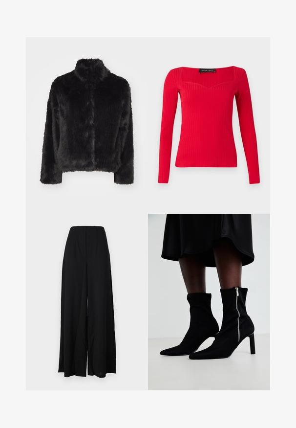 Vero Moda VMMONROE SHORT JACKET - Vinterjakker - black; Rød ribbet langærmet bluse med firkantet halsudskæring og subtil hjerteform. Fremstillet af strækbart stof for en tætsiddende silhuet.; Sorte brede bukser lavet af et struktureret stof, med en høj talje, der har folder og rene kanter for en slank silhuet.; Sorte ankelstøvler med en strækbart stofoverdel, spids tå og en sidelukning med lynlås, sat på en slank, høj hæl.