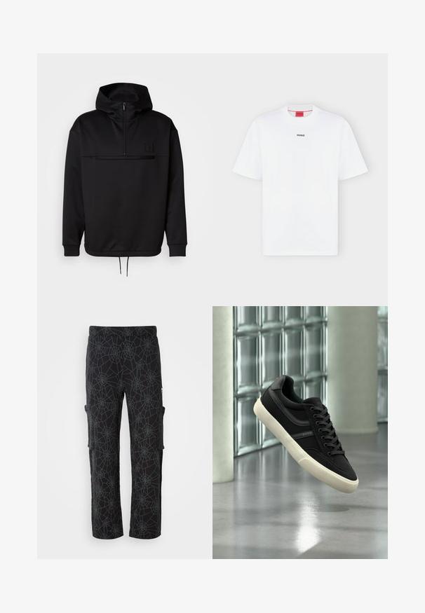Sort pullover hoodie med en kvart lynlås, ribbede manchetter og en justerbar kant. Har et struktureret logo på brystet. Glat stofstruktur.; Hvid T-shirt med korte ærmer med lille sort "HUGO" logo centreret på brystet og et rødt mærke inde i kraven.; Cargo bukser i sort stof med et edderkoppespin mønster i mørkegrå; har sidelommer og en afslappet pasform med et lige ben design.; Sort lavt sneakersko med hvid sål og snørebånd, mærket "BOSS", svævende indendørs nær glasblokvinduer og betonpiller.