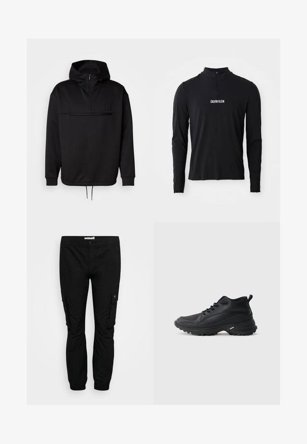 Haut de sweatshirt noir à capuche avec une fermeture éclair quart de tour, des poignets côtelés et un ourlet à cordon de serrage. Présente un logo texturé sur la poitrine. Texture du tissu douce.; Haut noir à manches longues avec un col montant, doté d'une fermeture éclair quart et du logo "CALVIN KLEIN" en blanc à l'avant. Tissu lisse et extensible.; Pantalons cargo noirs avec une taille élastique, des jambes fuselées et des poches latérales. Fabriqués en tissu léger avec une texture lisse.; Chaussures de sport noires en matériau synthétique. Dotées d'un col rembourré, d'un embout rond, d'une semelle extérieure robuste avec traction, et d'un détail avec le logo de la marque.