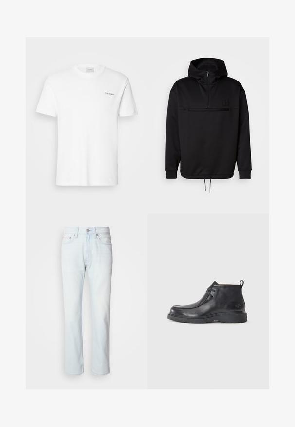 Schwarzer Pullover-Hoodie mit einem Viertelreißverschluss, gerippten Bündchen und einem Kordelzugsaum. Verziert mit einem strukturierten Logo auf der Brust. Glatte Stoffoberfläche.; Weißes Baumwoll-T-Shirt mit kurzen Ärmeln und Rundhalsausschnitt. Mit einem kleinen schwarzen "Calvin Klein"-Logo auf der linken Brust.; Hellblaue Jeans mit geradem Bein. Verfügt über einen Knopfverschluss und Gürtelschlaufen, präsentiert eine ausgebleichte Textur und minimale Nähte.; Schwarze Leder-Stiefel bis zur Knöchel mit runder Zehenform, Schnürdesign und einer Ziehlasche auf der Rückseite. Strukturiertes Obermaterial und Gummisohle.