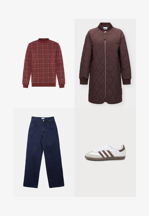 Lang brun quiltet frakke med frontlynlås, ribbet krave og manchetter, med et bølget søm mønster og en lige kant.; Bordeaux sweatshirts med et geometrisk hvidt stjernes mønster. Ribbet rund halsudskæring og manchetter. Blød tekstur og afslappet pasform.; Mørkeblå denimbukser med lige ben, der har en frontknaplukning, bæltestropper og to forlommer.; Hvid og brun Adidas Samba sneaker med tre brune striber, snørebånd og tekstureret sål vist fra siden på en ensfarvet baggrund.