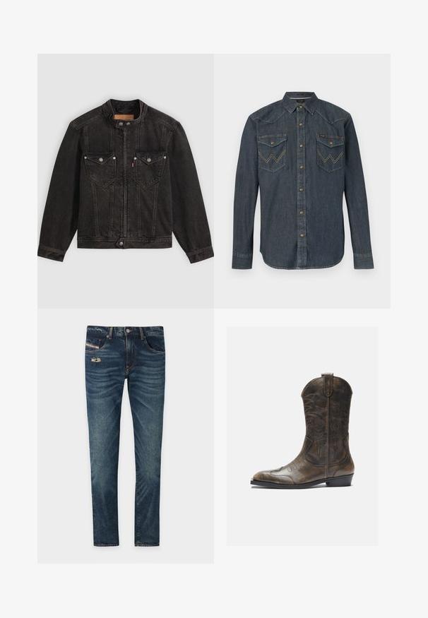 Chaqueta vaquera negra con cuello alto, cremallera frontal y botones de presión, dos bolsillos en el pecho con solapa y mangas largas sobre un fondo liso.; Camisa de mezclilla oscura de manga larga con botones a presión, cuello puntiagudo y dos bolsillos frontales con solapa que presentan diseños cosidos en forma de “W”.; Jeans de denim azul oscuro con un acabado ligeramente deslavado, que presentan un detalle desgate en la parte frontal y cinco bolsillos, incluyendo un pequeño bolsillo para monedas.; Bota de cowboy de cuero marrón con un caña alta, puntera puntiaguda, patrones de costura intrincados y un tacón pequeño. Acabado texturizado en toda la bota.