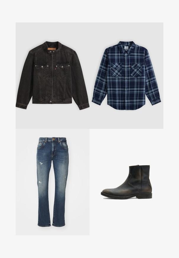 Schwarze Jeansjacke mit hohem Kragen, Frontreißverschluss und Druckknöpfen, zwei Brustklappentaschen und langen Ärmeln auf einfarbigem Hintergrund.; Langärmliges marineblau kariertes Hemd mit weißen Linien, geknöpften Manschetten, zwei geknöpften Brusttaschen und spitzem Kragen.; Bootcut-Jeans aus dunkelblauem Denim mit einem verblassten Finish, mit Abnutzungen an der Vorderseite, Fünf-Taschen-Design und einem Bund mit Knopfverschluss.; AllSaints LANG - Stiefelette - brown