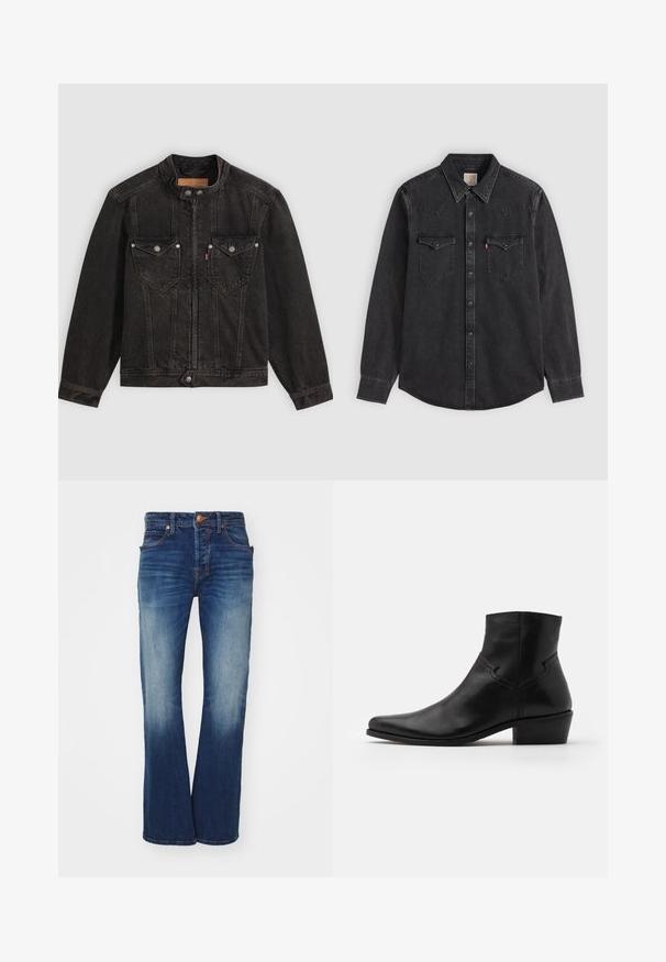 Veste en denim noire avec col montant, fermeture éclair à l'avant et boutons-pression, deux poches poitrine à rabat, et manches longues sur fond uni.; Chemise en denim noire à manches longues, col pointu, fermeture boutonnée devant et deux poches poitrine boutonnées sur fond clair uni.; Jean en denim bleu avec une coupe évasée, cinq poches et une fermeture à bouton en laiton. Présente un léger délavage et des coutures contrastées.; Bottine en cuir noir à bout pointu, avec des détails de couture minimalistes, un talon carré de hauteur intermédiaire et une finition lisse et brillante.