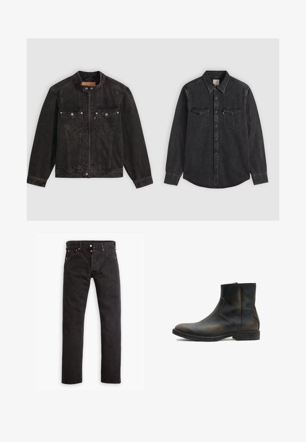 Schwarze Jeansjacke mit hohem Kragen, Frontreißverschluss und Druckknöpfen, zwei Brustklappentaschen und langen Ärmeln auf einfarbigem Hintergrund.; Schwarzes langärmeliges Jeanshemd mit spitzem Kragen, durchgehender Knopfleiste vorne und zwei geknöpften Brusttaschen auf einfarbig hellem Hintergrund.; Schwarze Slim-Fit-Jeans mit Knopfverschluss, fünf Taschen und kupferfarbenen Nieten flach auf einem weißen Hintergrund ausgelegt.; AllSaints LANG - Stiefelette - brown