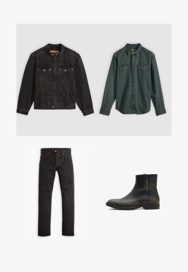 Schwarze Jeansjacke mit hohem Kragen, Frontreißverschluss und Druckknöpfen, zwei Brustklappentaschen und langen Ärmeln auf einfarbigem Hintergrund.; Dunkelblaues Denimhemd mit langen Ärmeln, Druckknopfverschluss, Western-Style Passe und zwei Brusttaschen. Mit kontrastierenden Nähten und einfarbiger Struktur.; Schwarze Slim-Fit-Jeans mit Knopfverschluss, fünf Taschen und kupferfarbenen Nieten flach auf einem weißen Hintergrund ausgelegt.; AllSaints LANG - Stiefelette - brown