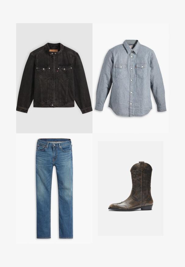 Veste en denim noire avec col montant, fermeture éclair à l'avant et boutons-pression, deux poches poitrine à rabat, et manches longues sur fond uni.; Chemise à manches longues rayée bleu et blanc, boutonnée sur le devant, deux poches poitrine, col, tissu doux, coupe standard, design classique.; Jeans en denim bleu à jambe droite avec fermeture à bouton et à zipper à l'avant, design à cinq poches et décoloration subtile sur les cuisses et les genoux.; Botte de cow-boy en cuir marron avec un long tige, un bout pointu, des motifs de couture complexes et un petit talon. Finition texturée tout au long.