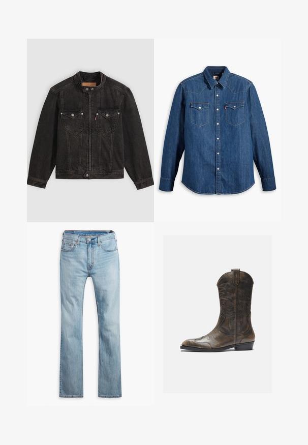 Schwarze Jeansjacke mit hohem Kragen, Frontreißverschluss und Druckknöpfen, zwei Brustklappentaschen und langen Ärmeln auf einfarbigem Hintergrund.; Dunkelblaue Jeanshemd mit langen Ärmeln, spitzem Kragen und Druckknöpfen. Verfügt über zwei Brusttaschen mit Klappen und kontrastierenden Nähten.; Hellblaue Jeans aus Denim, mit geradem Bein, fünf Taschen, kontrastierenden Nähten und einem Knopfverschluss am Bund.; Braune Leder-Cowboystiefel mit hohem Schaft, spitzem Zehenbereich, aufwendigen Stickmustern und kleinem Absatz. Strukturierte Oberflächenbeschaffenheit.