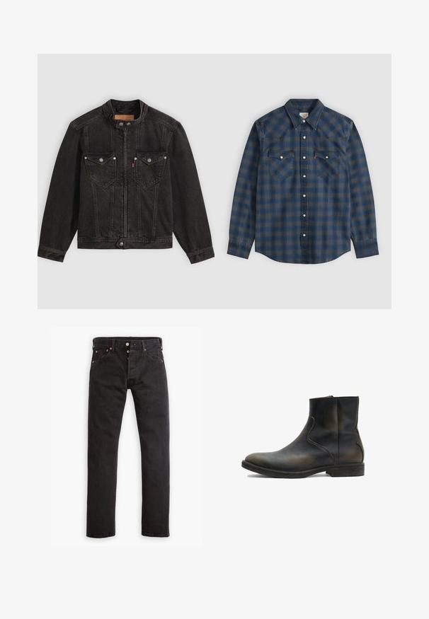 Schwarze Jeansjacke mit hohem Kragen, Frontreißverschluss und Druckknöpfen, zwei Brustklappentaschen und langen Ärmeln auf einfarbigem Hintergrund.; Langärmeliges blau-graues kariertes Hemd mit spitzem Kragen und zwei vorderen Brusttaschen mit Knopfverschluss.; Schwarze Slim-Fit-Jeans mit Knopfverschluss, fünf Taschen und kupferfarbenen Nieten flach auf einem weißen Hintergrund ausgelegt.; AllSaints LANG - Stiefelette - brown