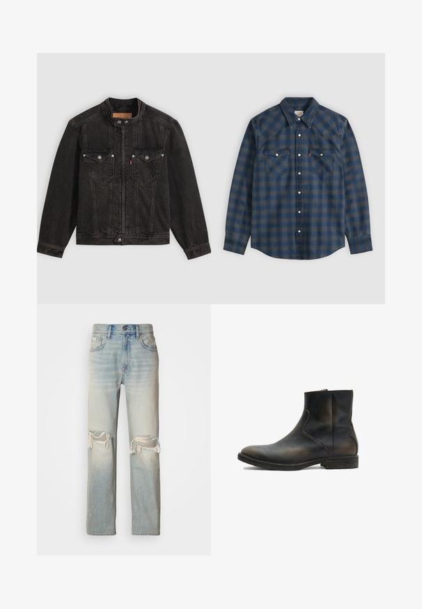 Schwarze Jeansjacke mit hohem Kragen, Frontreißverschluss und Druckknöpfen, zwei Brustklappentaschen und langen Ärmeln auf einfarbigem Hintergrund.; Langärmeliges blau-graues kariertes Hemd mit spitzem Kragen und zwei vorderen Brusttaschen mit Knopfverschluss.; Helle blaue Denim-Jeans mit hoher Taille, weitem Bein und auffälligen Rissen an den Knien. Verfügt über fransige Kanten und dezente Ausbleichungen.; AllSaints LANG - Stiefelette - brown
