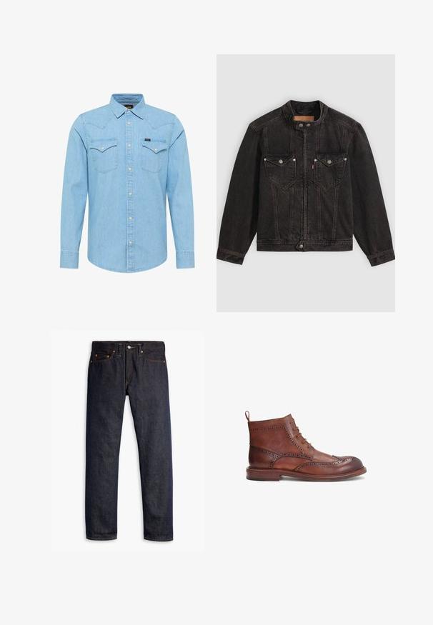 Sort denimjakke med høj krave, frontlynlås og trykknapper, to brystlommer med klapper og lange ærmer på en ensfarvet baggrund.; Lyseblå denimskjorte med lange ærmer, knaplukning, to brystlommer med knapper, spids krave og lille Lee-logo på venstre lomme.; Mørkeblå denimjeans med lige pasform, fem-lomme design, kobbernitter, gul syning og et markant struktureret stof.; Brune læderstøvle med dekorative brogue-detaljer, rund tå, snøredesign og lav stak heel. Inkluderer en bageste pull-tab.