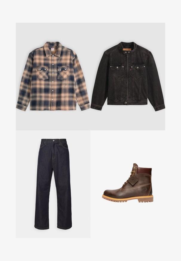 Veste en denim noire avec col montant, fermeture éclair à l'avant et boutons-pression, deux poches poitrine à rabat, et manches longues sur fond uni.; Veste-chemise à manches longues à carreaux beige et bleu foncé avec deux poches à rabat à l'avant et des boutons-pression blancs au centre.; Jean en denim droit bleu foncé avec des coutures jaunes, bouton frontal, fermeture éclair, et cinq poches.; Bottine marron en cuir avec col rembourré, laçage frontal, semelle robuste, et logo Timberland visible sur le côté et sur l'étiquette attachée.