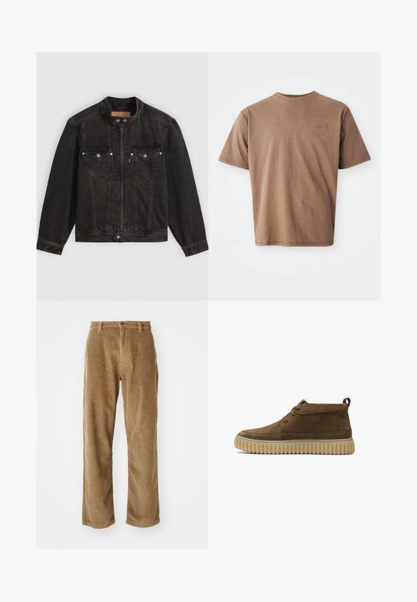 Sort denimjakke med høj krave, frontlynlås og trykknapper, to brystlommer med klapper og lange ærmer på en ensfarvet baggrund.; Brun bomulds t-shirt med rund hals, korte ærmer og et diskret broderet logo på venstre brystområde. Glat tekstur, afslappet pasform.; Lee LOOSE WORKWEAR - Bukser - dark khaki; Brune ruskind ankelstøvler med en rund tå, minimal syning og en tekstureret, kraftig gummisål. Har snørebåndsdesign og hælflig.