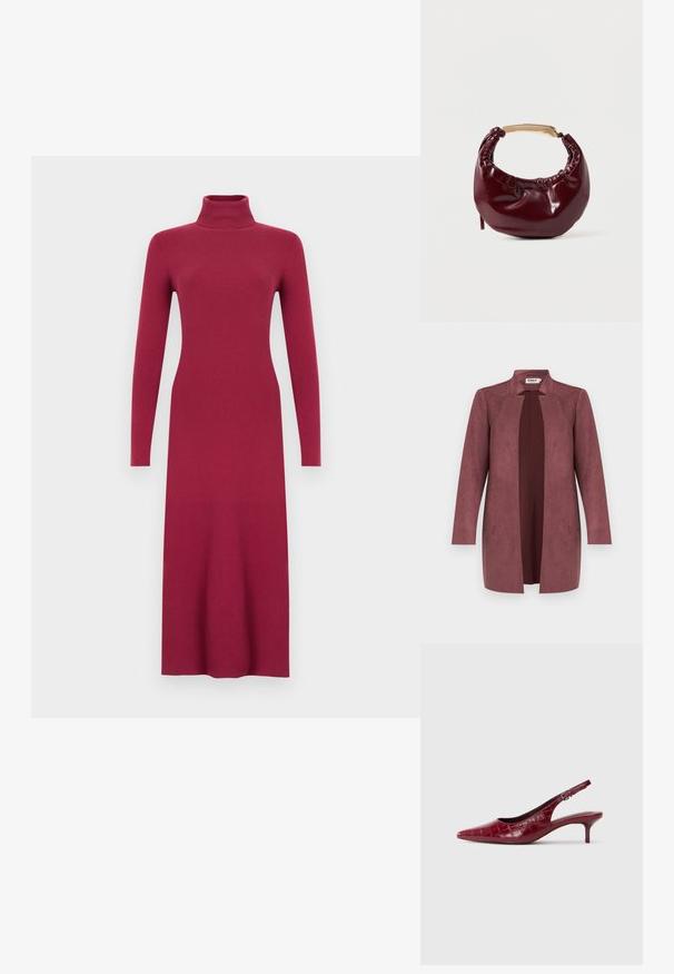 Manteau long mauve ouvert à l'avant avec col, manches longues et texture lisse, présenté sur un fond clair neutre.; Robe longue à manches longues en tricot côtelé bordeaux avec col montant, silhouette cintrée et ourlet droit. Texture lisse sur toute la surface.; Escarpin à talon kitten en cuir bourgogne avec texture crocodile, bout pointu, bride ajustable et talon bas sur fond blanc.; Sac à main en simili cuir bordeaux avec une forme arrondie, des détails froncés et une anse en métal doré. Texture lisse et finition brillante.