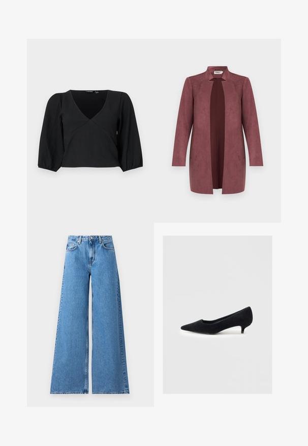 Pitkä laventelin sävyinen avoin takki, jossa on kaulus, pitkät hihat ja sileä pinta, esillä neutraalilla vaalealla taustalla.; Musta, tekstuuriga pullover, millel on V-kaelus, pikad puffh natüravad varrukad ja mähise stiilis disain.; Laaja lahkeinen sininen farkut korkealla vyötäröllä, jotka sisältävät klassisen viisi-taskun muotoilun ja saumat sivuilla lisäyksinä.; Musta huopainen korkokenkä, jossa on terävä kärki ja matala kissankorko. Kengässä on sileä pinta ja minimalistinen muotoilu ilman koristuksia.