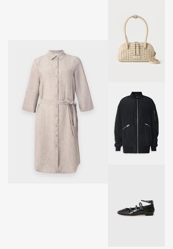 ONLY Bomber ONLNOELLE Bomber - Bomberjacke - black; Hellbeige Leinenhemdkleid mit Kragen, langen Ärmeln, Knopfleiste und passendem Gürtel. Es hat eine einzelne Brusttasche.; ALDO NELTA - Klassischer Ballerina - black; Beige Lederhandtasche mit perforierten Löchern, zwei Reißverschlussgriffen, doppelten Henkeln und einem langen Riemen, vor einem einfarbigen Hintergrund stehend.