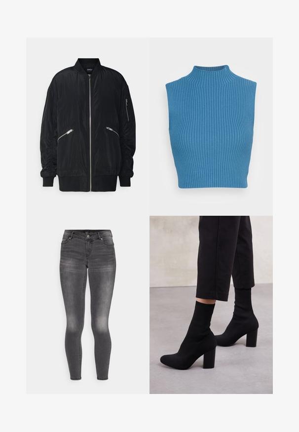 ONLY Bomber ONLNOELLE Bomber - Bomberjacks - black; Geribbelde cropped top in blauw met een hoge halsontwerp. Heeft een mouwloos stijl en een gestructureerde stof, die een aangesloten silhouet accentueert.; Grijze skinny jeans van denim met een vervaagde afwerking, voorzien van een rits en knoopsluiting, vijf zakken en een getailleerd silhouet.; Zwarte enkellaarsjes met hak en een geribbelde sokachtige bovenkant, een gladde oppervlakte, een ronde neus en een blokhak voor stabiliteit.
