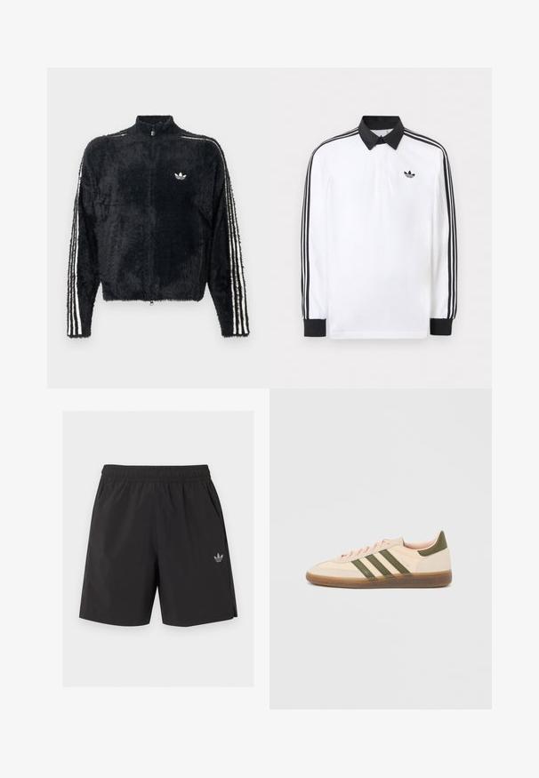 Veste noire en peluche avec un col haut, fermeture éclair intégrale et accents blancs à trois rayures sur les manches. Présente un petit logo sur la poitrine.; Polo blanc à manches longues avec col noir, poignets noirs, motif trois bandes noires sur les manches et logo Adidas noir sur la poitrine.; Short de sport noir à taille élastique avec poches latérales et petit logo Adidas sur la jambe gauche.; Baskets beige discrètes Adidas Spezial avec des bandes vertes, une semelle en caoutchouc et le logo "SPEZIAL" sur le côté, vues de l'extérieur.