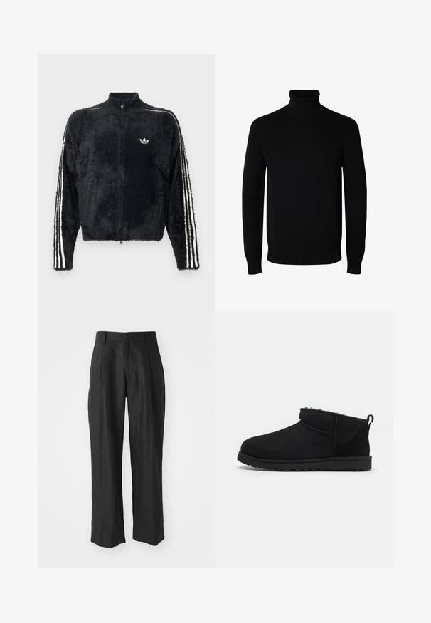 Schwarze, flauschige Jacke mit hohem Kragen, durchgehendem Reißverschluss und weißen drei Streifen Akzenten an den Ärmeln. Besitzt ein kleines Logo auf der Brust.; Schwarzer Langarm-Rollkragenpullover mit gerippten Bündchen und Saum, auf einem schlichten weißen Hintergrund dargestellt.; Schwarze Leinenhosen im gerade geschnittenen Design, mit markanten Falten an der Vorderseite und einer glatten Textur.; Schwarze Wildleder-Stiefeletten mit einem weichen, strukturierten Innenfutter, einer flachen Gummisohle und einer Zugschlaufe auf der Rückseite für ein einfaches Anziehen.