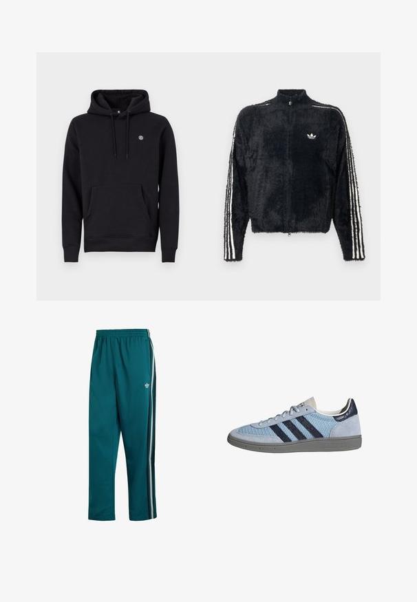 Schwarze, flauschige Jacke mit hohem Kragen, durchgehendem Reißverschluss und weißen drei Streifen Akzenten an den Ärmeln. Besitzt ein kleines Logo auf der Brust.; Schwarzer Kapuzenpullover aus Baumwollgemisch. Verfügt über eine große Kängurutasche auf der Vorderseite, gerippte Bündchen und ein kleines Logo auf der Brust.; Türkisfarbene Jogginghose mit elastischem Bund, Seitentaschen und drei seitlichen Streifen in Schwarz, Weiß und Grau, mit kleinem weißen Adidas-Logo.; Hellblauer Adidas-Sneaker mit dunkelblauen Streifen, Wildleder an Zehen- und Fersenbereich, strukturierte Sohle und Schnürverschluss, Seitenansicht auf weißem Hintergrund.