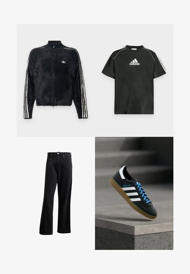 Sort, fuzzy jakke med høj krave, fuld lynlås og hvide tre-stribe accenter på ærmerne. Har et lille logo på brystet.; Sort T-shirt med korte ærmer, hvide Adidas-logo på brystet og hvide striber på skuldrene. Fremstillet af glat stof, afslappet pasform.; Sorte denim jeans med straight-leg design, der har frontlommer, en knaplukning og en let tekstur. Inkluderer en diskret logo detalje.; Sort Adidas sneaker med hvide striber, blå snørebånd og gummisål, der svæver over gråt betontrin i blødt lys.