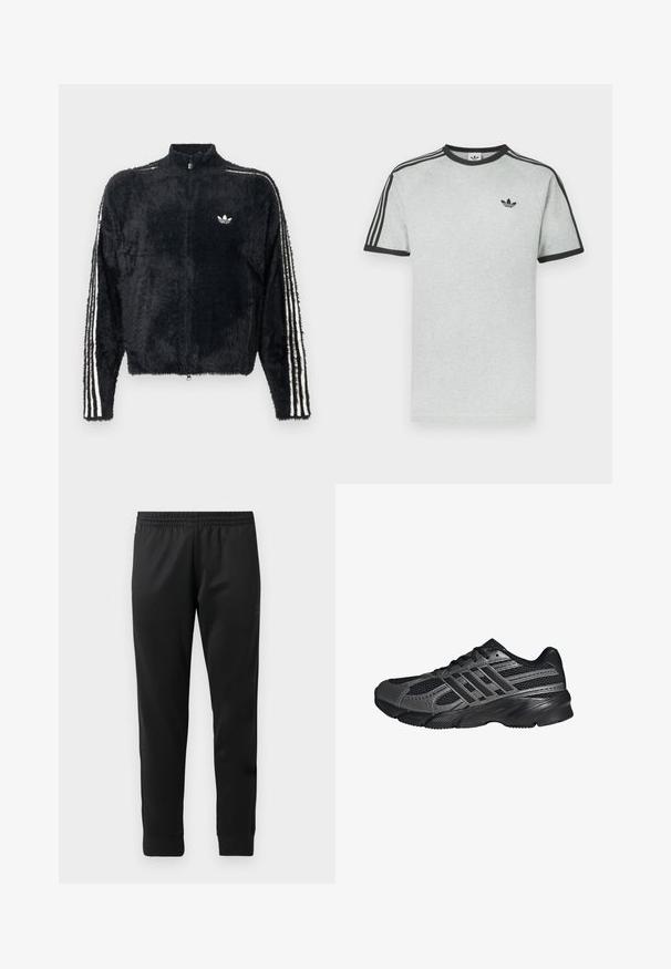 Zwarte, fuzzy jas met hoge kraag, volledig ritssluiting en witte drie-strepen accenten op de mouwen. Bevat een klein logo op de borst.; Grijs T-shirt met zwarte accenten, voorzien van een ronde hals en korte mouwen. Drie zwarte strepen op de schouders, klein logo op de borst.; Zwarte sportbroek van gladde stof, met een elastische tailleband, taps toelopende pijpen en ribgebreide manchetten bij de enkels.; Zwarte sportschoenen gemaakt van mesh en synthetische materialen, met een getextureerd oppervlak, meerdere grijze strepen en een gevoerde kraag.