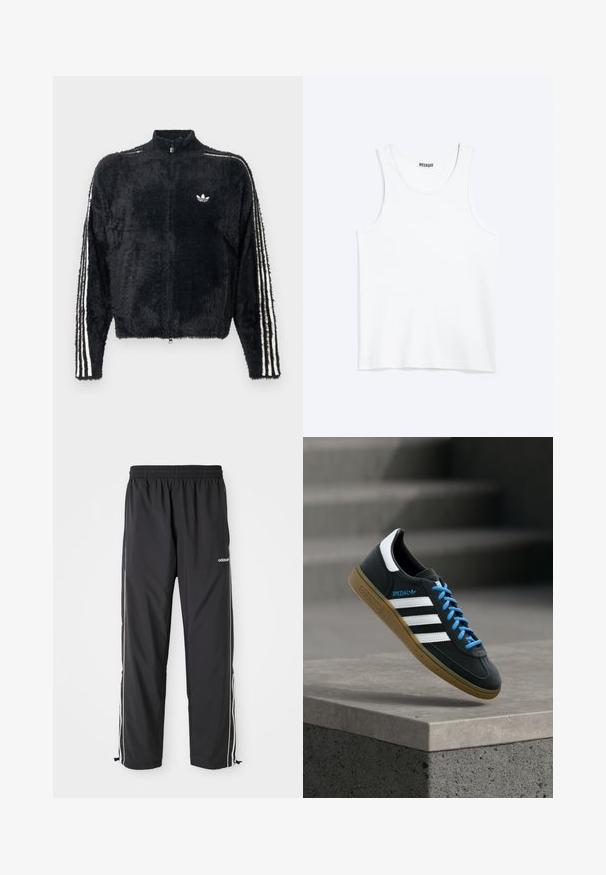 Schwarze, flauschige Jacke mit hohem Kragen, durchgehendem Reißverschluss und weißen drei Streifen Akzenten an den Ärmeln. Besitzt ein kleines Logo auf der Brust.; Weißes ärmelloses Tanktop mit rundem Ausschnitt und Weekday-Markenetikett auf der Innenseite des hinteren Kragens, flach auf hellem Hintergrund dargestellt.; Schwarze Sporthose aus leichtem Material, mit weißen Seitenstreifen, einem elastischen Bund und verstellbaren Knöchelbündchen.; Schwarzer Adidas-Sneaker mit weißen Streifen, blauen Schnürsenkeln und Gummisohle, der über einer grauen Betontreppe im weichen Licht schwebt.