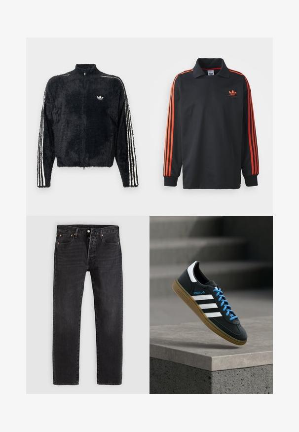 Veste noire en peluche avec un col haut, fermeture éclair intégrale et accents blancs à trois rayures sur les manches. Présente un petit logo sur la poitrine.; Polo noir à manches longues avec col, présentant des rayures rouges sur les manches et un petit logo rouge sur la poitrine. Texture de tissu douce.; Jean en denim noir à coupe droite, avec deux poches avant, une poche à monnaie et des rivets en métal. Design classique à cinq poches.; Baskets Adidas noires avec des rayures blanches, des lacets bleus et une semelle en gomme flottant au-dessus d'une marche en béton grise sous une lumière douce.