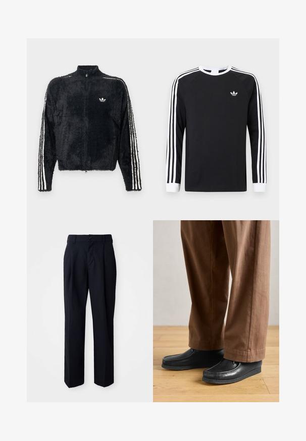 Musthave, karvane jope kõrge kraega, täieliku lukuga ja valgete kolme triibu aktsentidega varrukatel. Sisel oma väikese logoga rinnal.; Must pika varrukaga T-särk, millel on valged kolme triibu mustrilised varrukad. Omab ümara kaelusega lõiget ja väikest valget logot rinnal.; Mustad sirgedega mustad püksid, valmistatud siledast kangast. Omab vööknöppe, vöörihmasid ja volditud esikülje detaile struktuuri loomiseks.; Mustad nahast kingad mokasiini disainiga ja tikanditega, millele on paigutatud pruunid püksid, puidust põrandal.