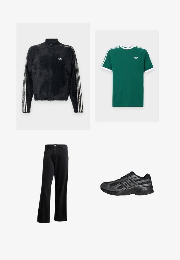 Sort, fuzzy jakke med høj krave, fuld lynlås og hvide tre-stribe accenter på ærmerne. Har et lille logo på brystet.; Grøn bomulds t-shirt med hvide detaljer, der har korte ærmer, en rund halsudskærmning og tre hvide striber på hver skulder. Lille logo på brystet.; Sorte denim jeans med straight-leg design, der har frontlommer, en knaplukning og en let tekstur. Inkluderer en diskret logo detalje.; Sorte træningssko lavet af mesh og syntetiske materialer, med en tekstureret overflade, flere grå striber og en polstret krave.