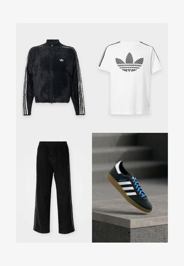 Sort, fuzzy jakke med høj krave, fuld lynlås og hvide tre-stribe accenter på ærmerne. Har et lille logo på brystet.; Hvid bomuld t-shirt med sort grafisk trefoil-logo på fronten og sorte striber langs skuldrene som accent.; Sorte fløjl bukser med en afslappet pasform, der har en elastisk talje og sidelister. Glat tekstur med lodret ribbet detalje.; Sort Adidas sneaker med hvide striber, blå snørebånd og gummisål, der svæver over gråt betontrin i blødt lys.