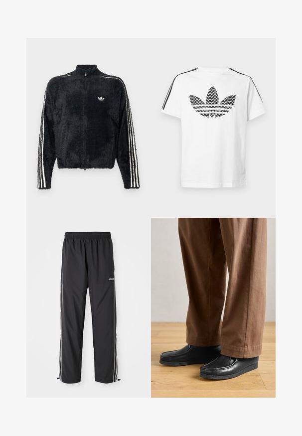 Sort, fuzzy jakke med høj krave, fuld lynlås og hvide tre-stribe accenter på ærmerne. Har et lille logo på brystet.; Hvid bomuld t-shirt med sort grafisk trefoil-logo på fronten og sorte striber langs skuldrene som accent.; Sorte atletiske bukser lavet af letvægtsstof, med hvide sidelister, elastisk talje og justerbare ankelmanchetter.; Sorte lædersko med mokkasin-design og syningdetaljer, parret med brune bukser, på et trægulv.