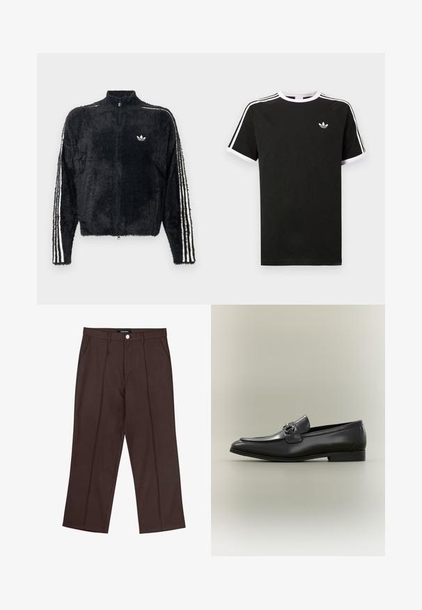 Schwarze, flauschige Jacke mit hohem Kragen, durchgehendem Reißverschluss und weißen drei Streifen Akzenten an den Ärmeln. Besitzt ein kleines Logo auf der Brust.; Schwarzes T-Shirt aus Baumwolle mit weißen Akzenten. Hat kurze Ärmel, ein Raglan-Design und ein kleines Logo auf der Brust. Drei weiße Streifen auf den Schultern.; Braune gerade geschnittene Hose mit vorderen Falten, Seitentaschen, Gürtelschlaufen und einem markierten Knopfverschluss an der Taille.; Schwarzer Herren-Loafer aus Leder mit niedrigem Absatz und Metallschnalle auf der Oberseite, seitlich auf neutralem Hintergrund gezeigt.