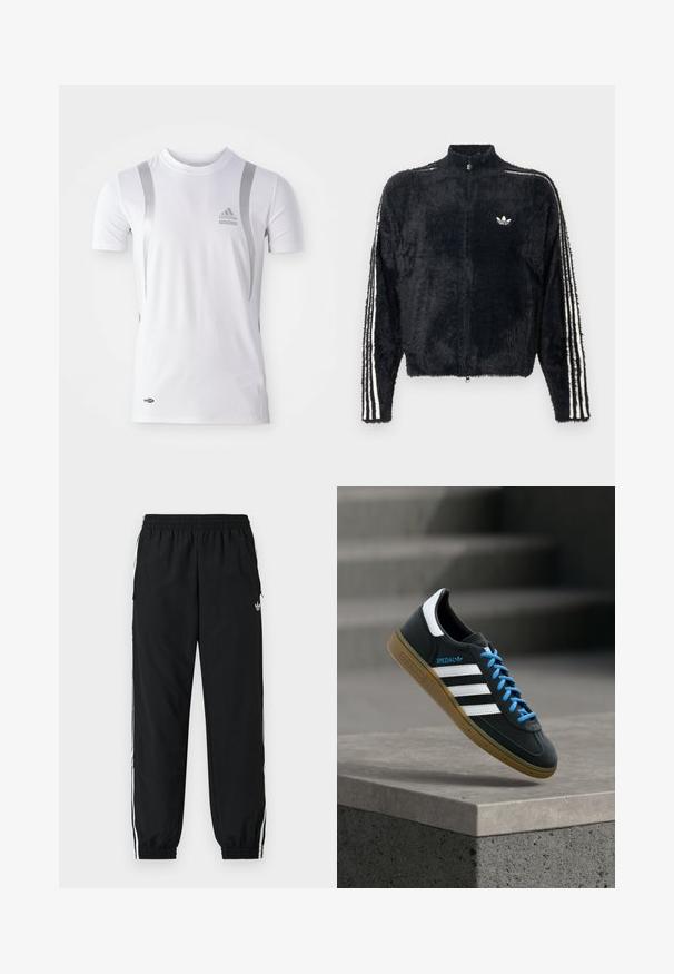 Zwarte, fuzzy jas met hoge kraag, volledig ritssluiting en witte drie-strepen accenten op de mouwen. Bevat een klein logo op de borst.; Wit sportshirt met korte mouwen en zilveren accenten, met een ronde hals en een Adidas-logo op de borst. Gemaakt van vochtafvoerend materiaal.; Zwarte sportbroek met een elastische tailleband en gerimpelde boorden. Voorzien van witte zijstrepen en een klein logo aan de voorkant links.; Zwarte Adidas-sneaker met witte strepen, blauwe veters en een gumzool die boven een grijze betonnen trede zweeft in zacht licht.