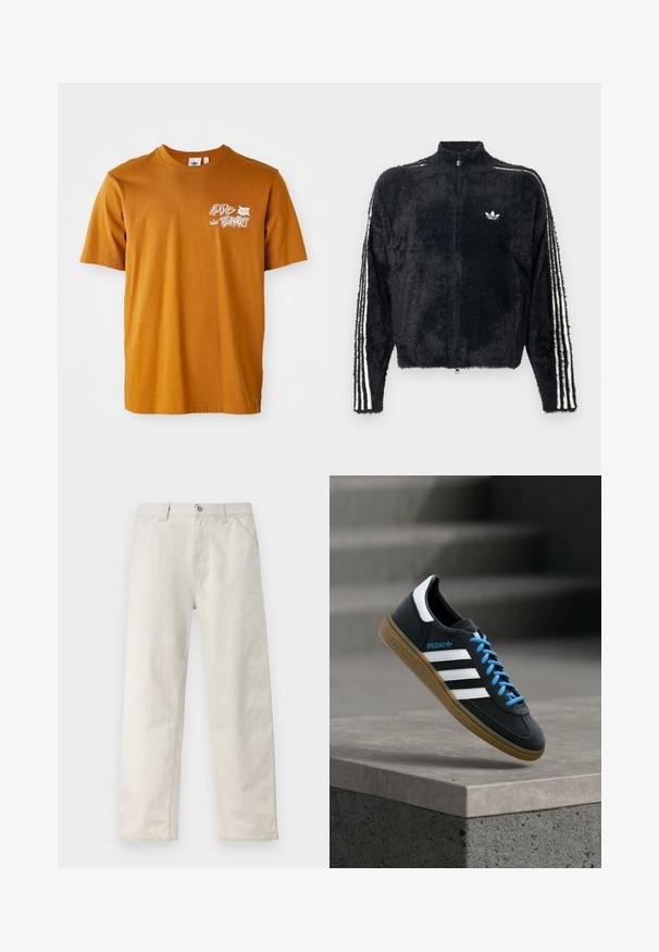 Sort, fuzzy jakke med høj krave, fuld lynlås og hvide tre-stribe accenter på ærmerne. Har et lille logo på brystet.; Brun bomulds t-shirt med rund hals, korte ærmer, med hvid grafisk tekst og bladdesign på forsiden.; Lysebeige bukser med lige ben og diskrete lodrette striber, frontknapper, bæltestropper og sidelommer.; Sort Adidas sneaker med hvide striber, blå snørebånd og gummisål, der svæver over gråt betontrin i blødt lys.