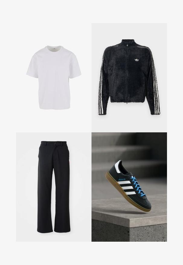 Sort, fuzzy jakke med høj krave, fuld lynlås og hvide tre-stribe accenter på ærmerne. Har et lille logo på brystet.; Hvid T-shirt med korteærmer lavet af blødt bomuld, med rund halsudskæring og en afslappet pasform med lige kant. Ingen mønstre eller detaljer synlige.; Sorte lige bukser med knap- og lynlåslukning, bæltestropper og sidelommer, vist mod en hvid baggrund.; Sort Adidas sneaker med hvide striber, blå snørebånd og gummisål, der svæver over gråt betontrin i blødt lys.