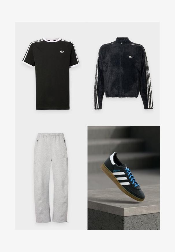 Zwarte, fuzzy jas met hoge kraag, volledig ritssluiting en witte drie-strepen accenten op de mouwen. Bevat een klein logo op de borst.; Zwarte T-shirt van katoen met witte accenten. Beschikt over korte mouwen, raglanontwerp en een klein logo op de borst. Drie witte strepen op de schouders.; Grijze joggingbroek met elastische tailleband, zijzakken en ritsen aan de pijpen, gemaakt van zachte stof met een gladde textuur. Subtiel logodetail.; Zwarte Adidas-sneaker met witte strepen, blauwe veters en een gumzool die boven een grijze betonnen trede zweeft in zacht licht.