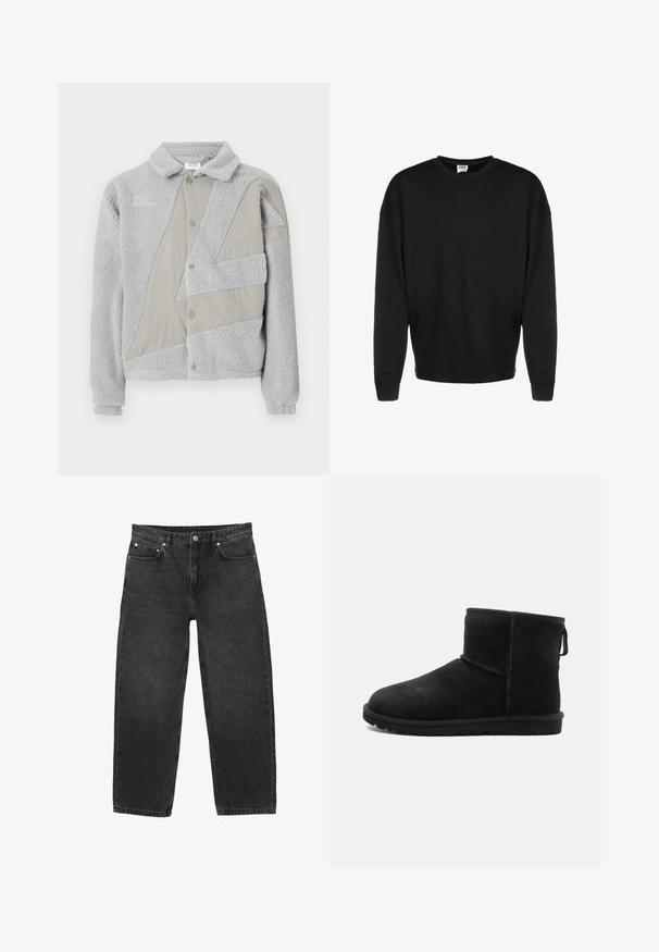 Umbro ACKET - Flísová bunda - harbor mist/ultimate gray; Čierna mikina s dlhým rukávom a okrúhlym výstrihom, s rebrovanými manžetami a vo voľnom strihu, zobrazená na bielom pozadí.; Čierne džínsové nohavice z denimu s rovnými nohavicami, piatimi vreckami a kovovými ozdobami. Tkanina má jemný textúrovaný povrch.; Čierne semišové členkové topánky s okrúhlym špičkou, minimálnymi detalami šitia, s pútkom a textúrovanou gumovou podrážkou. Navrhnuté pre teplo a pohodlie.