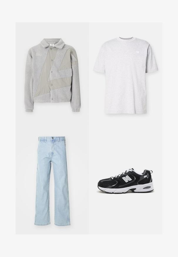 Umbro ACKET - Flísová bunda - harbor mist/ultimate gray; Svetlošedé bavlnené tričko s krátkymi rukávmi, okrúhlym výstrihom a malým bielym logom na ľavej hrudi. Mäkká textúra, voľný strih.; Svetlomodré denimové džínsy s uvoľneným strihom, pričom majú vysoký pás, predné vrecká a rovný strih nohavíc. Povrch je mäkký na dotyk.; Čierne a šedé športové topánky s hornou časťou z mikrovlákna a zamatu, s bielou medzipodrážkou, šnúrkami a výrazným logom "N" na boku.