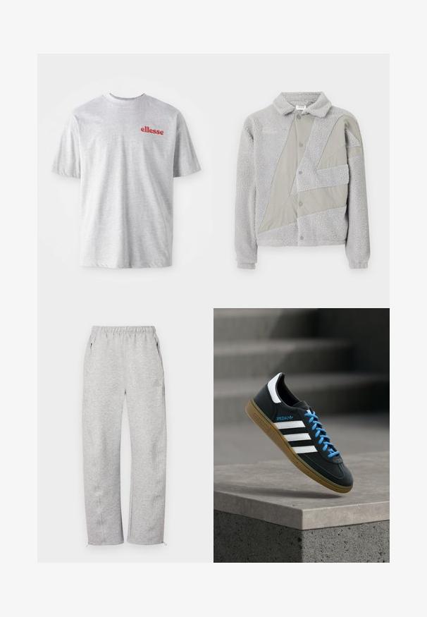 Umbro ACKET - Flísová bunda - harbor mist/ultimate gray; Šedé bavlnené tričko s okrúhlym výstrihom a krátkymi rukávmi. Na ľavej hrudi sa nachádza červené logo "ellesse". Mäkká textúra, ležérny dizajn.; Sivé tepláky s elastickým pásom, bočnými vreckami a zipsovými lemami, vyrobené z mäkkého textilu s hladkou textúrou. Jemný detail s logom.; Čierna teniska Adidas s bielymi pruhmi, modrými šnúrkami a gumovou podrážkou, ktorá sa vznáša nad sivým betónovým schodom v mäkkom svetle.