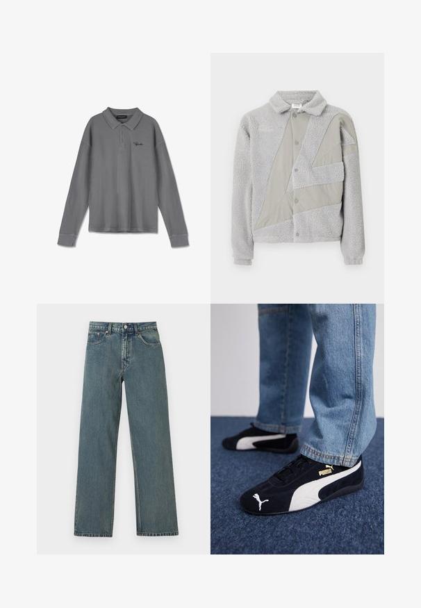 Umbro ACKET - Flísová bunda - harbor mist/ultimate gray; Dlhý rukáv polo tričko v pruhovanej šedej látke. Obsahuje golier, pruh s tromi gombíkmi a jemné čierne logo na hrudi.; Modré džínsy rovného strihu so zvýšeným pásom, piatimi vreckami, zapínaním na gombíky a pútkami na opasok na jednoduchom svetlom pozadí.; Čierne semišové tenisky s bielymi akcentmi, so zlatým logom. Nosené s svetlomodrými denimovými džínsy a položené na textúrovanej modrej ploche.