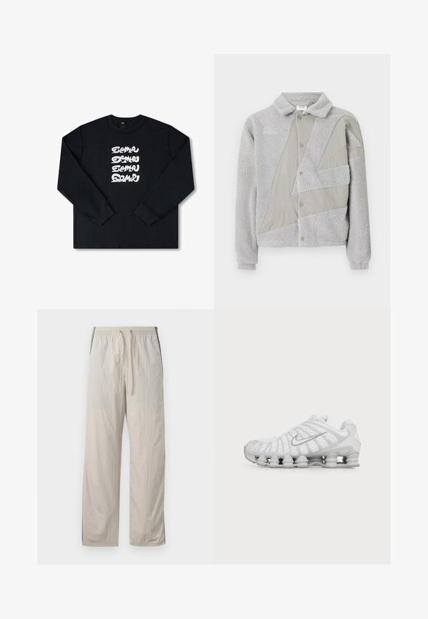 Umbro ACKET - Fleecejakke - harbor mist/ultimate gray; Sort sweatshirt med lange ærmer, der har et hvidt gentaget grafisk logo i stiliseret skrifttype på forsiden. Fremstillet af blødt stof.; Beige, lette, snorebukser med elastisk talje, der har mørke sidedele og en løs, lige ben-design.; Hvid Nike løbesko med synlig luftstøbt sål og sølv swoosh-logo på siden, vist fra ydersiden.