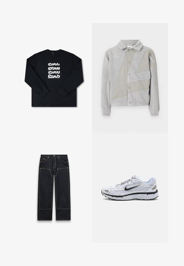 Umbro ACKET - Flísová bunda - harbor mist/ultimate gray; Čierna mikina s dlhým rukávom, na prednej strane s bielym opakujúcim sa grafickým logom v štýlovom písme. Vyrobená z mäkkého materiálu.; Čierne rifle s rovnými nohavicami, spevnenými záplatami na kolenách, viditeľným žltým prešívaním, prednými a zadnými vreckami a zapínaním na gombík v páse.; Biele bežecké topánky s textilným zvrškom, zaoblenou špičkou, čiernymi akcentmi a vzorovanou podrážkou. Obsahujú šnurovanie a značku na boku.