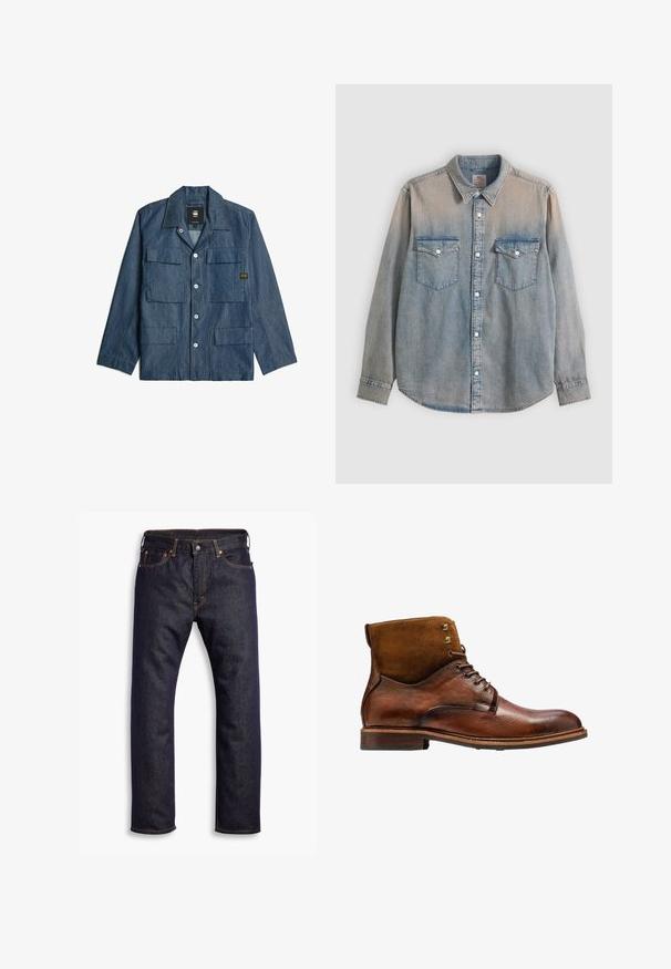 Donkerblauwe denimjack met een knoopsluiting aan de voorkant, een puntige kraag en meerdere frontzakken. Voorzien van contrasterende stiksels en hardwareaccenten.; Lichtblauw verweerd denim overhemd met lange mouwen, kraag, knoopsluiting aan de voorkant en twee borstzakken met knoopklep.; Donkerblauwe recht gesneden denim jeans met vijf zakken en oranje contrasterende stiknaden, plat gelegd op een witte achtergrond.; Kazar ALID - Veterboots - brown