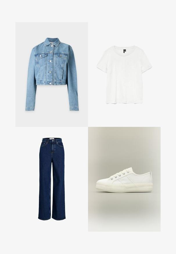 Veste en jean bleu clair raccourcie, manches longues, fermeture à boutons sur le devant et deux poches poitrine à boutons.; T-shirt blanc à manches courtes avec un col rond, fabriqué en tissu léger. Design simple, texture lisse et ourlet droit.; Jean large taille haute bleu foncé avec poches avant, passants pour ceinture, fermeture par bouton et détails de coutures visibles.; Baskets basses blanches avec semelle épaisse côtelée, lacets à l'avant et languette à l'arrière sur fond neutre.